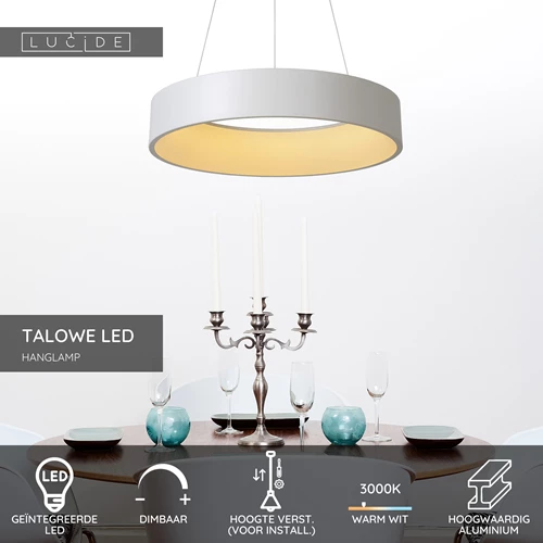 Lucide TALOWE LED - Hanglamp - Ø 60 cm - LED Dimb. - 1x39W 3000K - Wit - USP